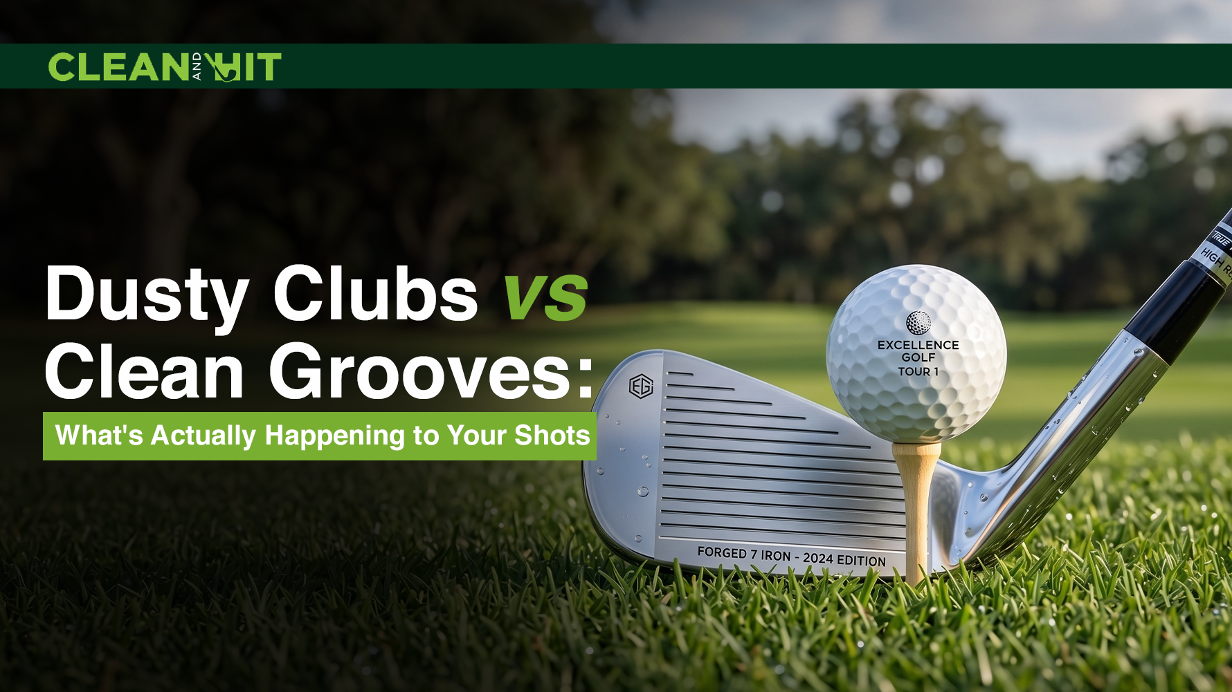 Golf ball on a tee beside a clean iron club with text about dusty clubs vs clean grooves and shot performance.