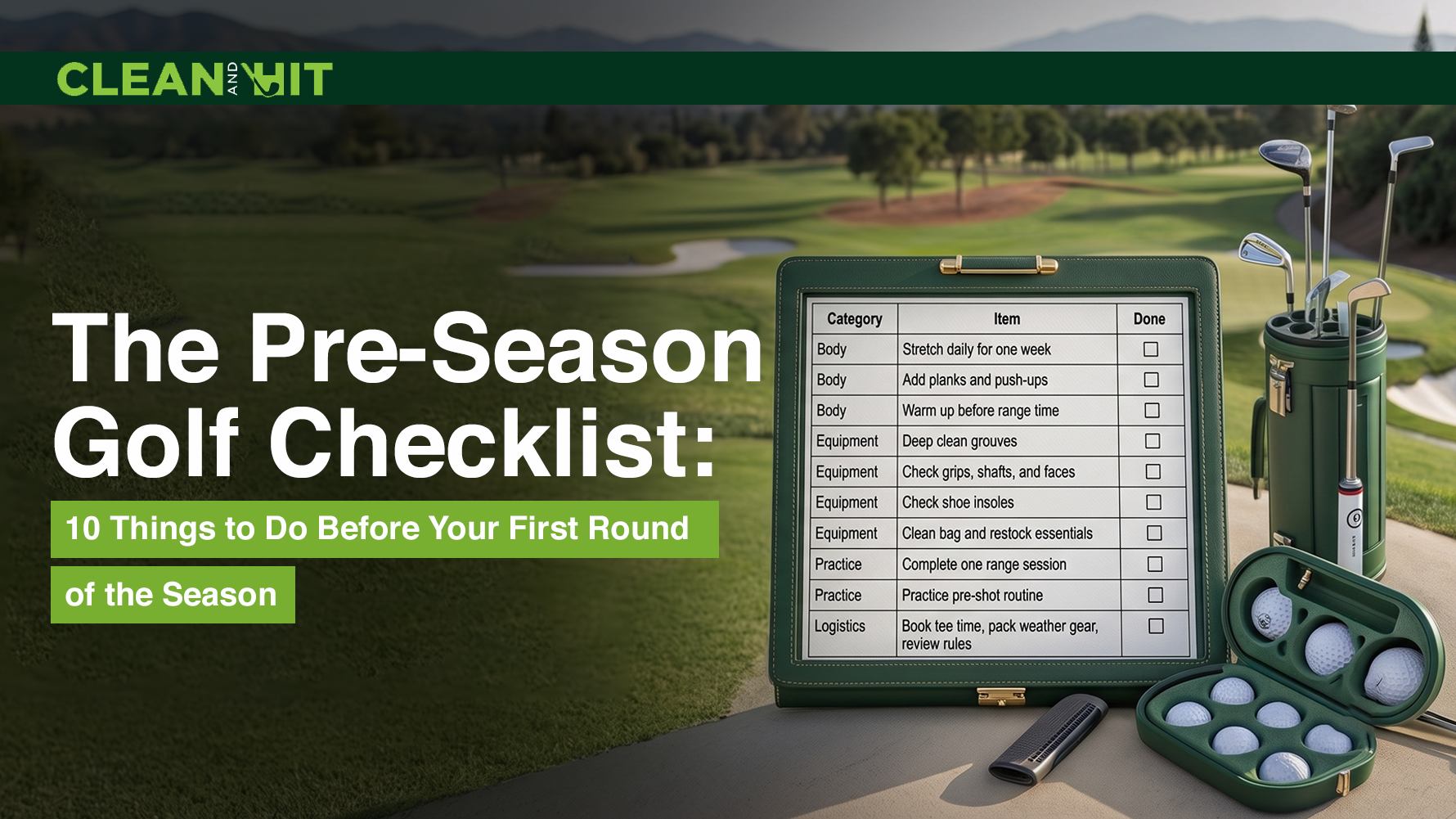 A pre-season golf checklist alongside golf clubs, golf balls, and accessories on a golf course, with the headline "The Pre-Season Golf Checklist: 10 Things to Do Before Your First Round of the Season."