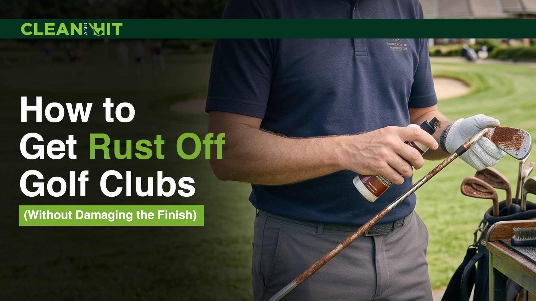 Golfer treating rust on a golf club shaft and clubhead beside the headline “How to Get Rust Off Golf Clubs.”