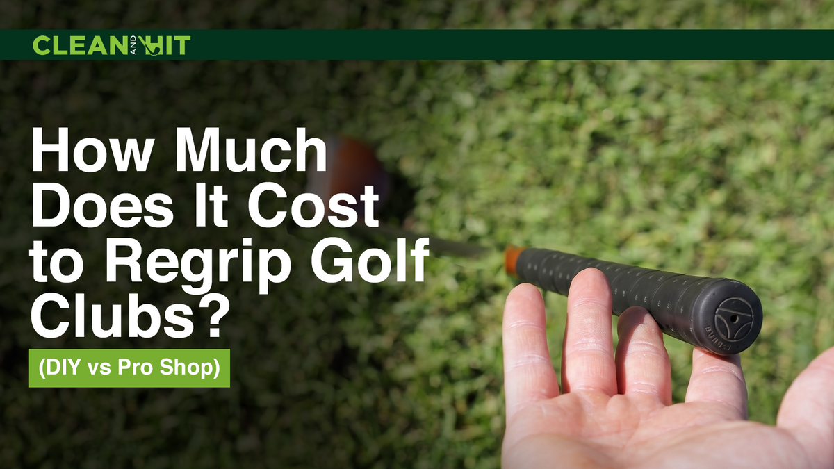 Hand holding a golf club grip with text comparing the cost of DIY versus professional golf club regripping.