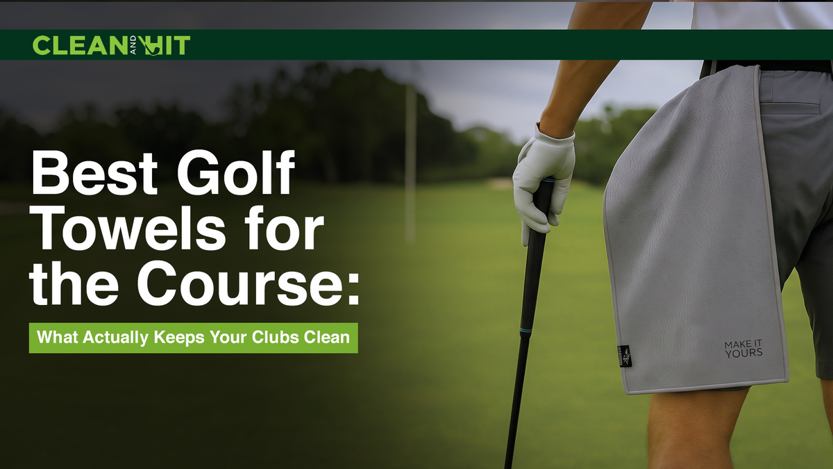 Golfer on a course with a towel hanging from their waist and text about the best golf towels for keeping clubs clean.