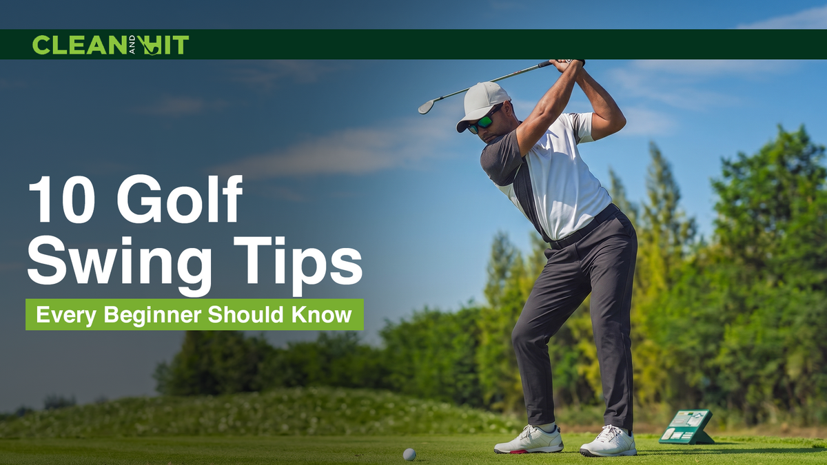 Golfer at the top of a backswing on a golf course with text highlighting 10 golf swing tips every beginner should know.