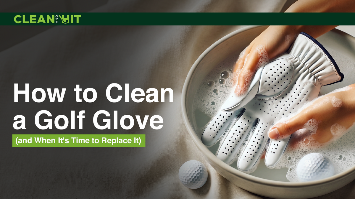 Hands gently washing a white golf glove in soapy water with text about how to clean a golf glove and when to replace it.