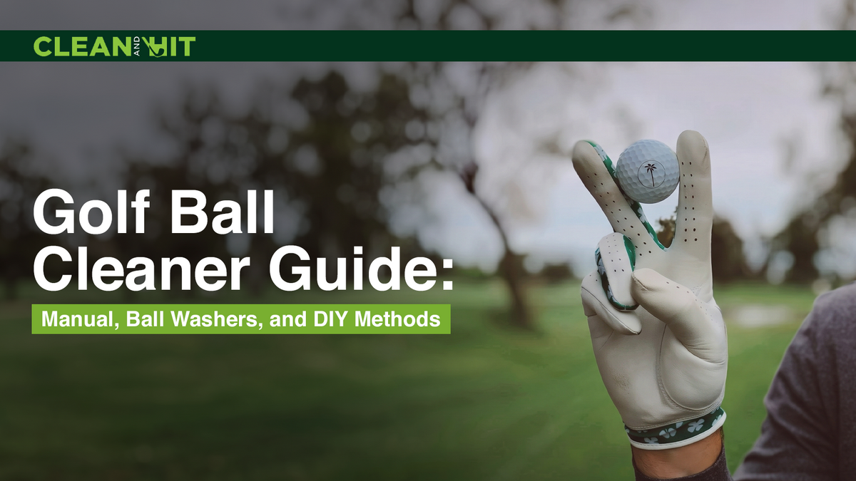 Golfer holding a golf ball on a course with text about manual, ball washer, and DIY golf ball cleaning methods.