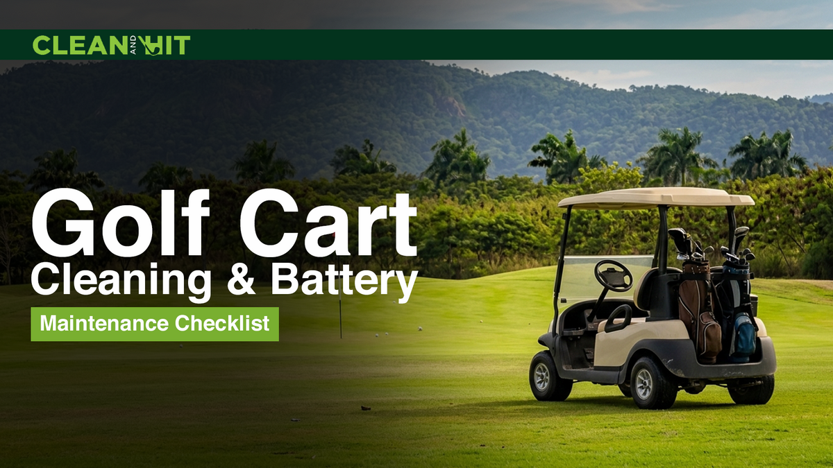 Golf cart carrying two golf bags parked on a green fairway with hills in the background