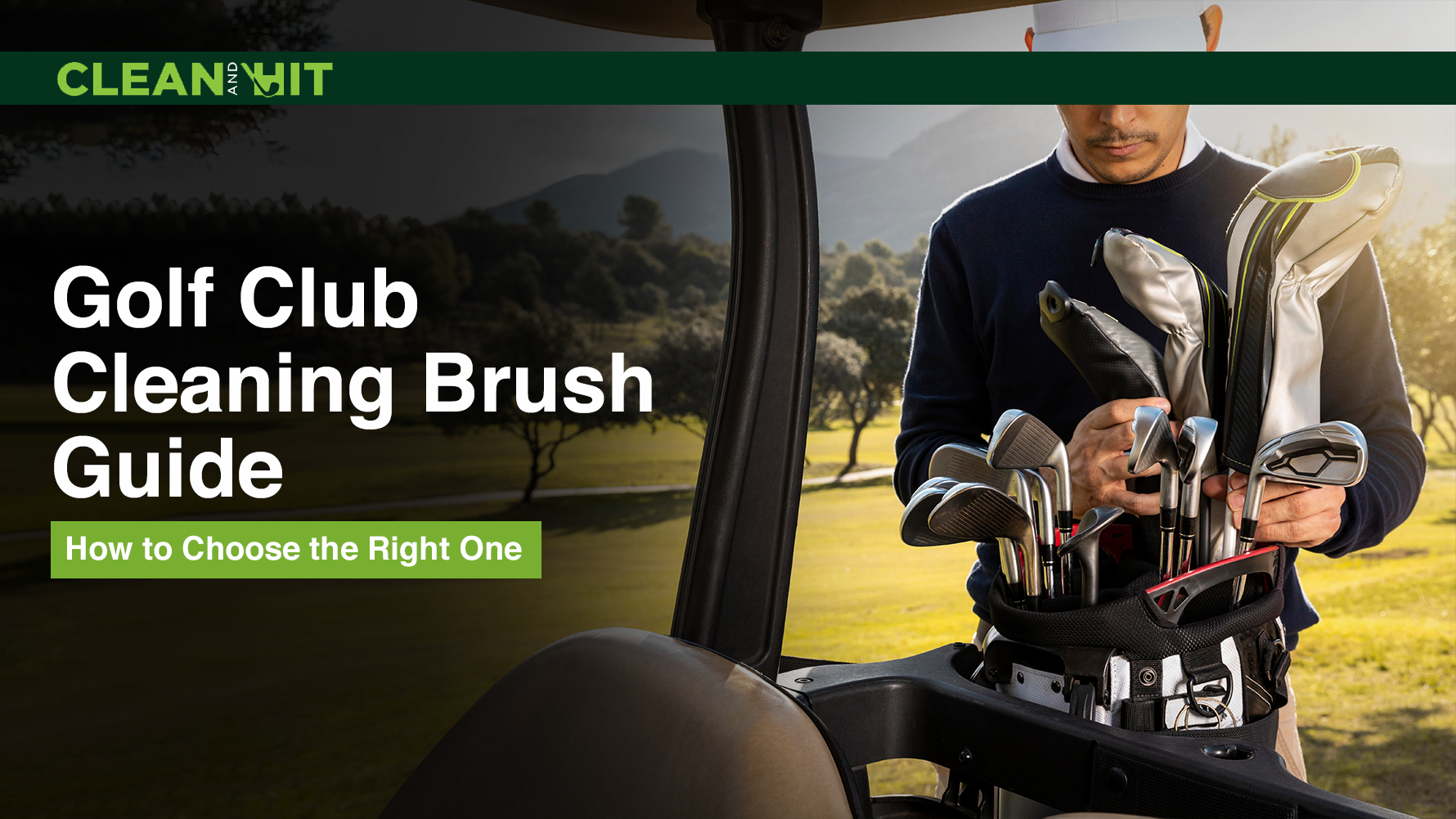 A golfer selecting a golf club from a golf bag on a golf course.