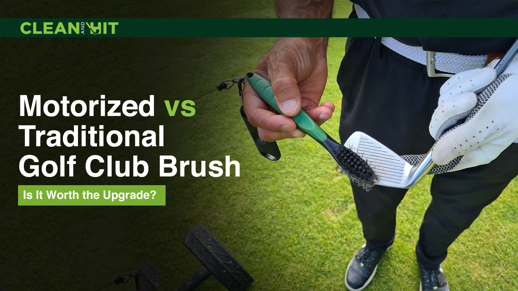A golfer using a traditional golf club brush to clean the grooves of a club.